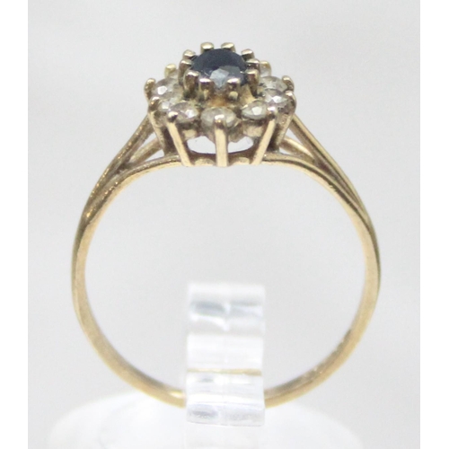 1161 - A 9ct gold sapphire and floral stone cluster ring, marked and XRF confirmed, approx size O, approx 1... 