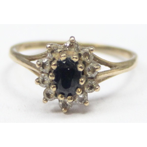 1161 - A 9ct gold sapphire and floral stone cluster ring, marked and XRF confirmed, approx size O, approx 1... 