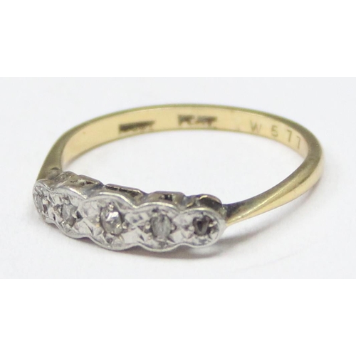 1167 - 18ct gold 5 stone diamond ring with platinum setting, approx size N, approx 2.43g gross