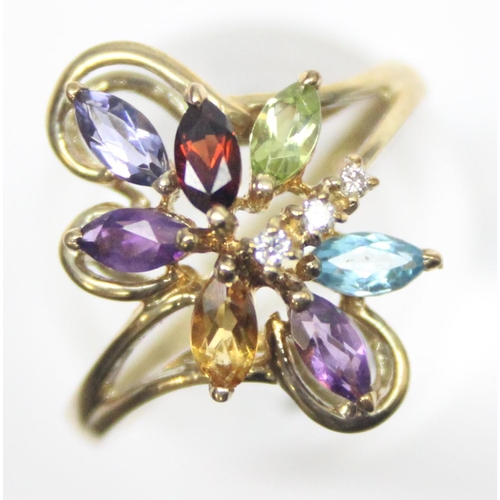 1171 - A retro style multi-coloured stone cocktail ring set with small diamonds, marked and XRF confirmed, ... 