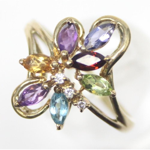 1171 - A retro style multi-coloured stone cocktail ring set with small diamonds, marked and XRF confirmed, ... 