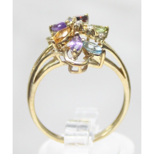 1171 - A retro style multi-coloured stone cocktail ring set with small diamonds, marked and XRF confirmed, ... 