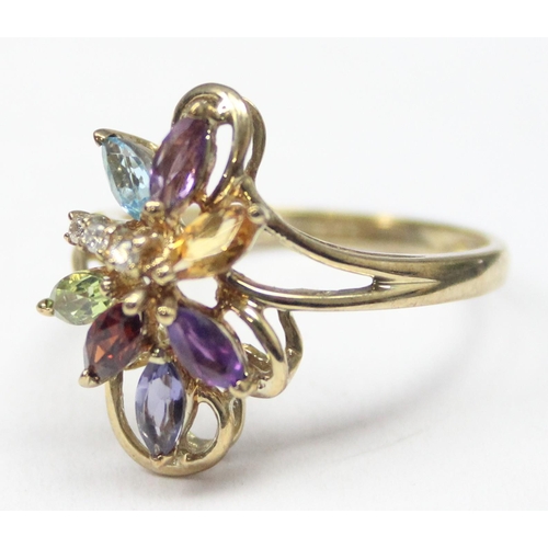 1171 - A retro style multi-coloured stone cocktail ring set with small diamonds, marked and XRF confirmed, ... 