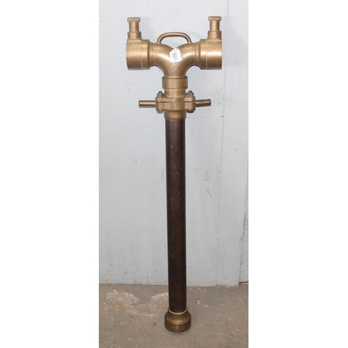 1406 - A vintage brass and copper firehose splitter by Merryweather of London, approx 110cm tall