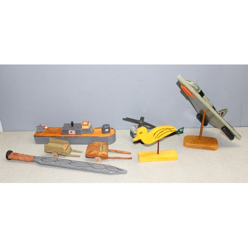 1514 - Mix of mid-century wooden scratch-built toys to incl aeroplane, helicopter, sword etc