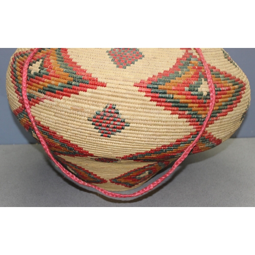 273 - Vintage woven wicker hanging storage basket possibly African or Native American, approx 68cm H x 80c... 