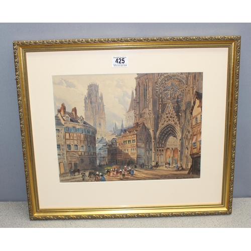 425 - Mix of pictures/prints to incl original watercolour of Rouen Cathedral and framed embroidery, larges... 