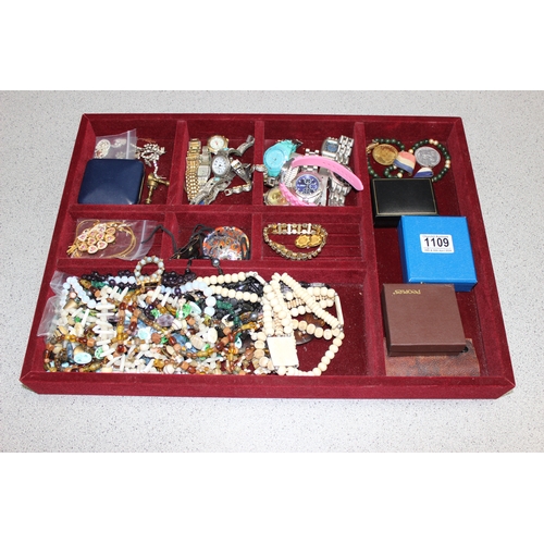 1109 - Tray of assorted costume jewellery and watches