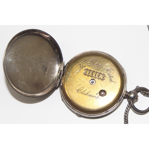 1314 - An antique silver cased fob watch with decorative silvered dial, unmarked but XRF tests as 800 silve... 