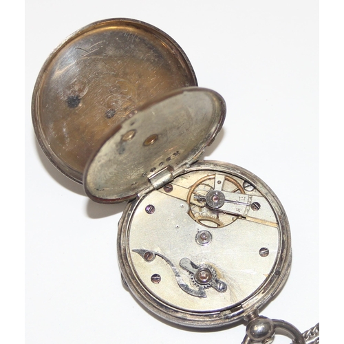 1314 - An antique silver cased fob watch with decorative silvered dial, unmarked but XRF tests as 800 silve... 