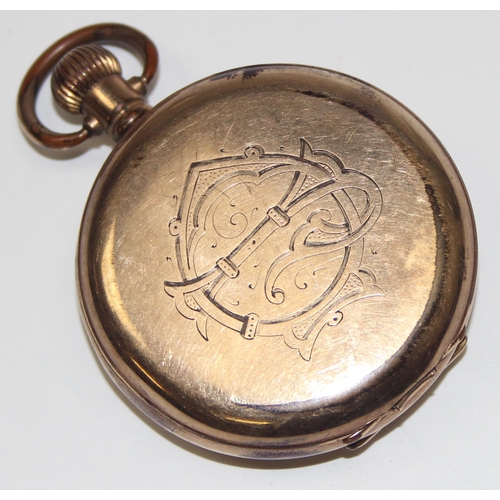 1323 - An antique gold plated full hunter pocket watch with Dennison case and Swiss movement 