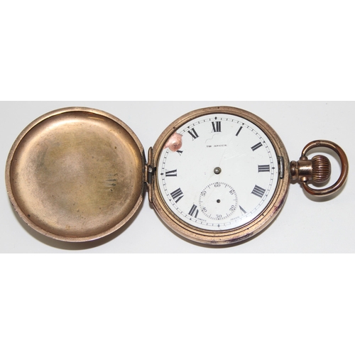 1323 - An antique gold plated full hunter pocket watch with Dennison case and Swiss movement 