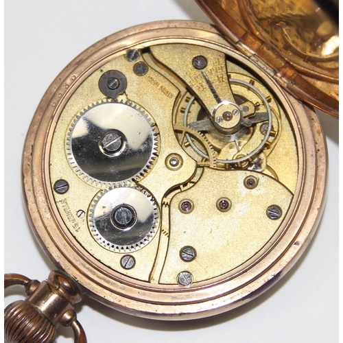 1323 - An antique gold plated full hunter pocket watch with Dennison case and Swiss movement 