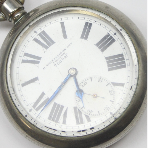 1328 - A vintage military marked pocket watch by H. Williamson Ltd of London, numbered 26864F in steel case... 