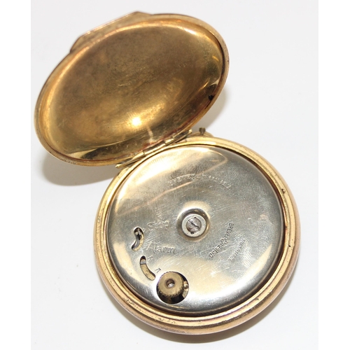 1331 - An unusual vintage Swiss made alarm pocket watch in gold plated case, the cover stamped Brevet 11242... 