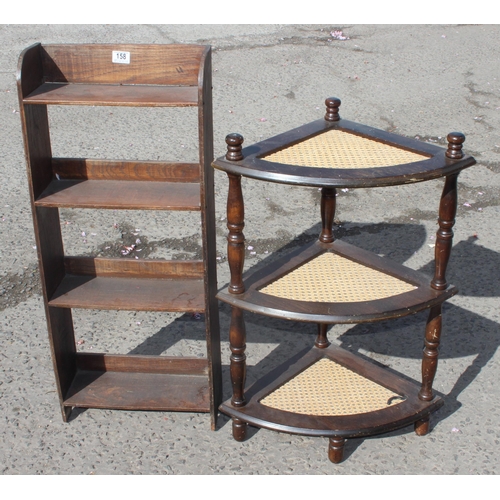 158 - A retro corner shelf and a small vintage oak bookcase, approx 39cm wide x 16cm deep x 91cm tall