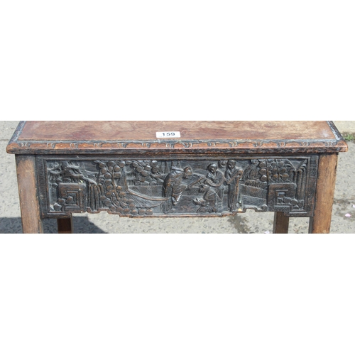 159 - A nest of 2 Oriental tables with carved frieze, likely early 20th century, largest approx 54cm wide ... 