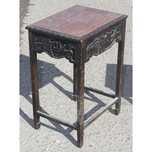 159 - A nest of 2 Oriental tables with carved frieze, likely early 20th century, largest approx 54cm wide ... 