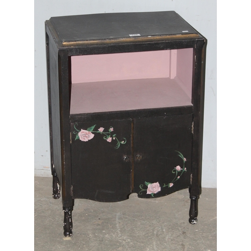 106 - Vintage upcycled bedside table, with floral hand painted decoration, approx 59cm wide x 36cm deep x ... 