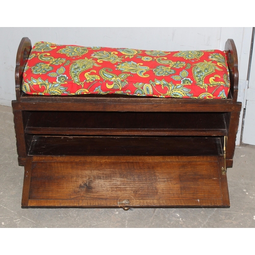 107 - Vintage carved oak window seat or hall bench, with storage under the lift up seat, approx 83cm wide ... 