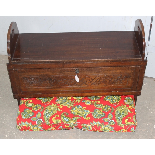 107 - Vintage carved oak window seat or hall bench, with storage under the lift up seat, approx 83cm wide ... 