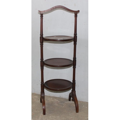 110 - Mahogany 3 tier sandwich or cake stand with turned supports, approx 26cm wide x 88cm tall