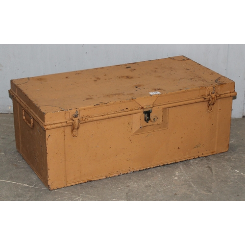 113 - Vintage camel coloured metal steamer trunk, approx 78cm wide x 40cm deep x 30cm tall