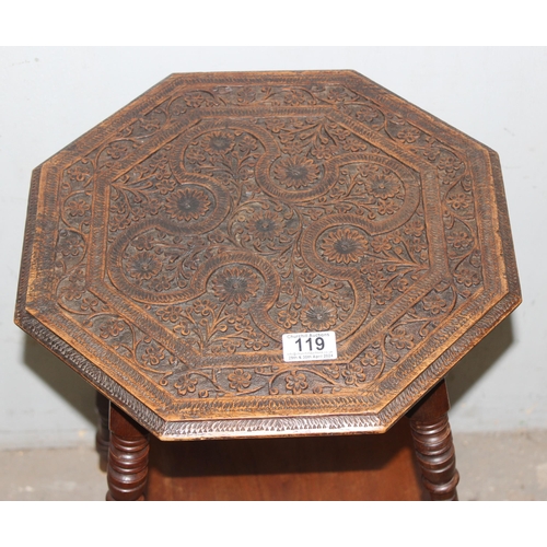 119 - An Arts & crafts period octagonal lamp table with well carved oak top, approx 39cm wide x 39cm deep ... 