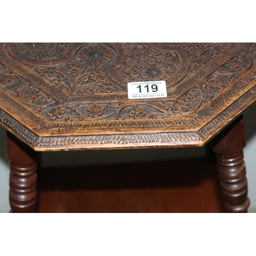 119 - An Arts & crafts period octagonal lamp table with well carved oak top, approx 39cm wide x 39cm deep ... 