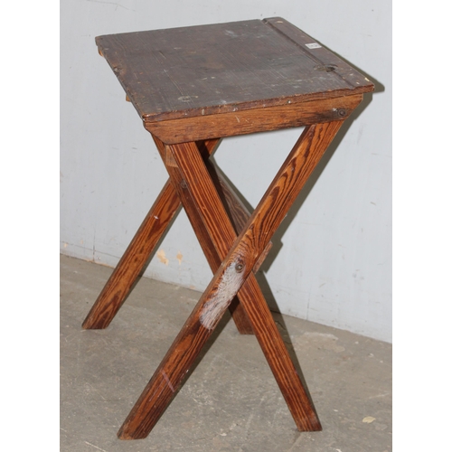 121 - Vintage pine folding school desk or x-frame table, approx 61cm wide x 43cm deep x 73cm tall