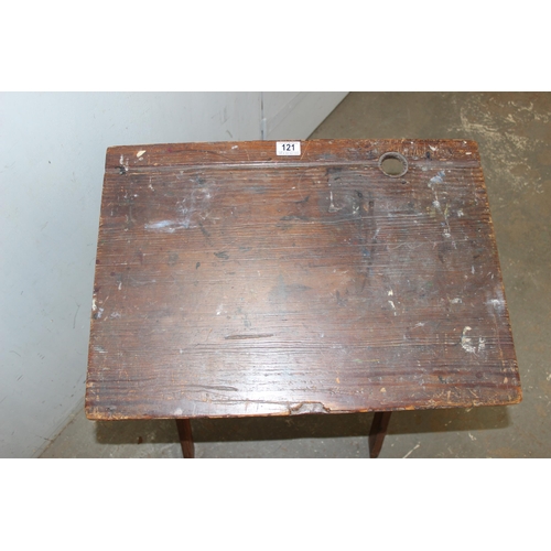 121 - Vintage pine folding school desk or x-frame table, approx 61cm wide x 43cm deep x 73cm tall