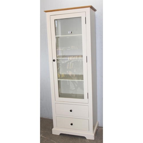 123 - Modern solid wood display or storage cabinet, glazed 4 shelf cupboard over 2 drawers, approx 70cm wi... 