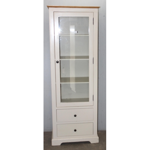 123 - Modern solid wood display or storage cabinet, glazed 4 shelf cupboard over 2 drawers, approx 70cm wi... 