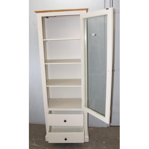 123 - Modern solid wood display or storage cabinet, glazed 4 shelf cupboard over 2 drawers, approx 70cm wi... 