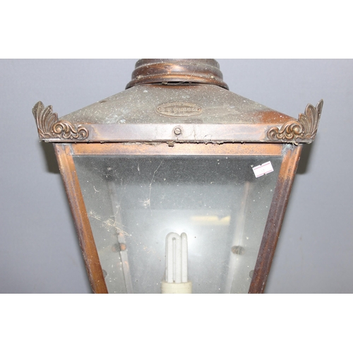 252 - Large vintage lantern with glazed panels and associated bracket, with label for D. W. Windsor, K060,... 