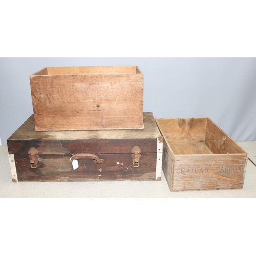 277 - Vintage pine tool-chest, French wine crate and another pine crate, largest approx 71 x 40 x 23cm (3)