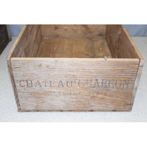 277 - Vintage pine tool-chest, French wine crate and another pine crate, largest approx 71 x 40 x 23cm (3)