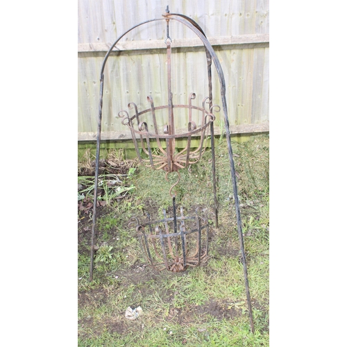 327 - 2 wirework flower baskets, approx 84cm wide x 140cm tall