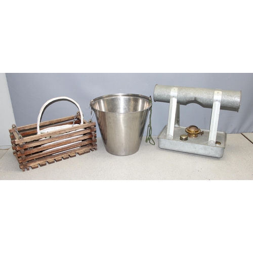 330 - Mixed lot to incl stainless steel bucket/pale, gas heater, planter and basket (4)