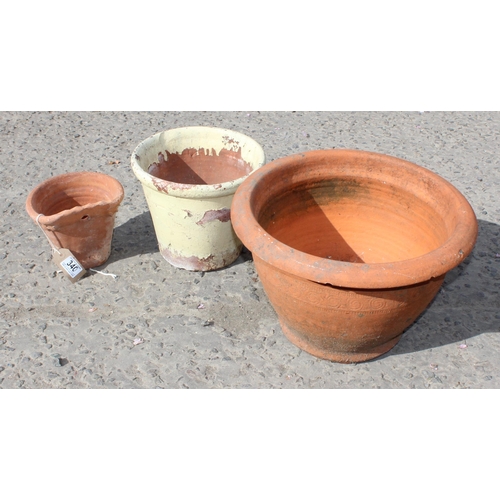 340 - 3 vintage terracotta pots, approx 37cm wide x 37cm deep x 28cm tall