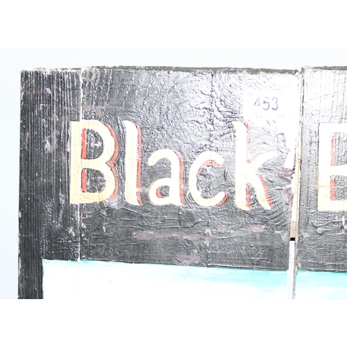 453 - Vintage hand-painted wooden pub style sign for 'The Black Bull, Thwaites', approx 71 x 45cm