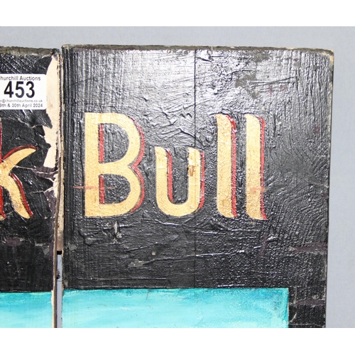 453 - Vintage hand-painted wooden pub style sign for 'The Black Bull, Thwaites', approx 71 x 45cm