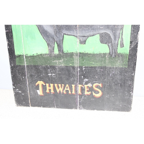 453 - Vintage hand-painted wooden pub style sign for 'The Black Bull, Thwaites', approx 71 x 45cm