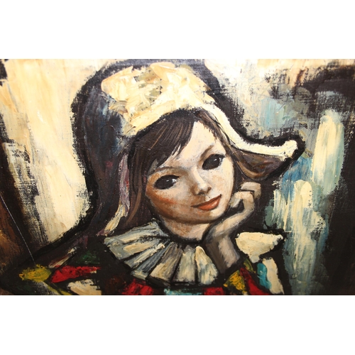 467 - Original vintage oil on canvas of a young girl in harlequin clothing, seemingly unsigned, approx 61c... 