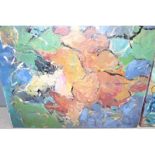 471 - Dragie(?) (XXI): 2 original colourful abstract oil on canvas, signed verso, largest approx 61cm x 61... 