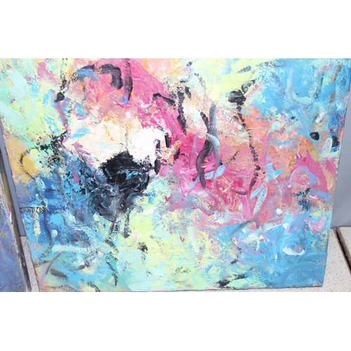 471 - Dragie(?) (XXI): 2 original colourful abstract oil on canvas, signed verso, largest approx 61cm x 61... 