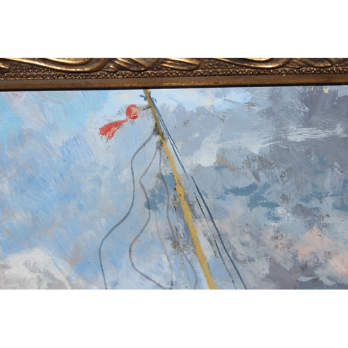 472 - Original oil on board in gilt frame of a fishing harbour scene, seemingly unsigned but of good quali... 