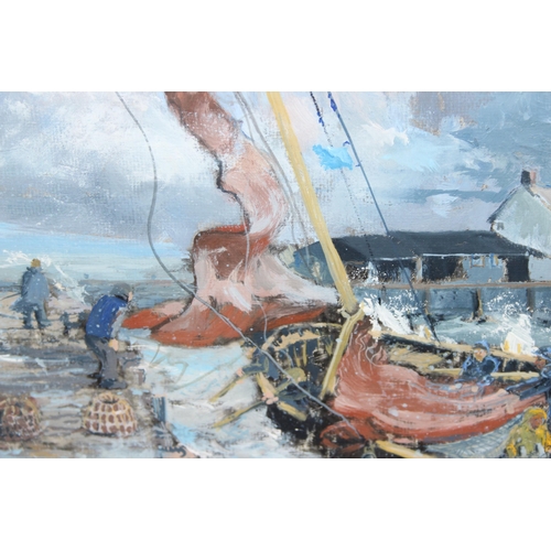 472 - Original oil on board in gilt frame of a fishing harbour scene, seemingly unsigned but of good quali... 