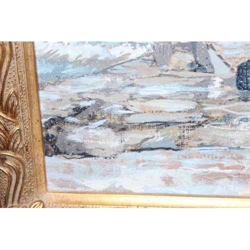 472 - Original oil on board in gilt frame of a fishing harbour scene, seemingly unsigned but of good quali... 