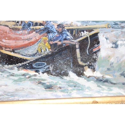 472 - Original oil on board in gilt frame of a fishing harbour scene, seemingly unsigned but of good quali... 